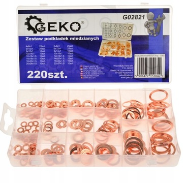 ZESTAW PODKŁADEK MIEDZIANYCH PODKŁADKI MIEDZIANE WYMIAR WEW. 4-22 MM 220SZT