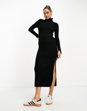 Asos Design NH2 hwj dzianinowa czarna midi sukienka prążki rozcięcie golf M