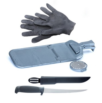 JAXON ZESTAW do skrobania i filetowania ryb-SKROBACZKA+NÓŻ+REKAWICZKI