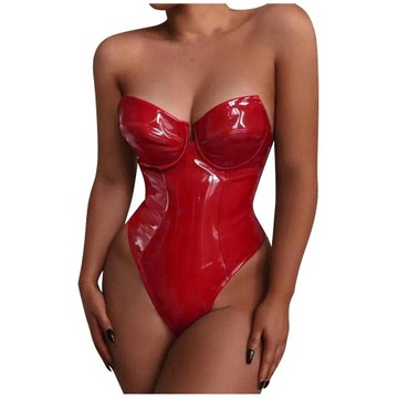 Women Sexy Bodycon Bodysuit Zipper PU Leather Jump