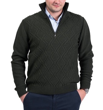MODNY SWETER MĘSKI Z ZAPINANĄ STÓJKA - KHAKI XXL