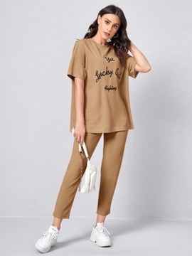 SHEIN BEŻOWY KOMPLET SPODNIE T-SHIRT Z PRINTEM M 09790