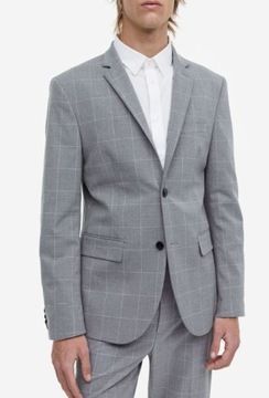 H&M elegancki SZARY garnitur W KRATKĘ 50% wełna SLIM FIT piękny R. 48