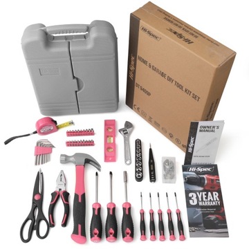 Hi-Spec 56-częściowy różowy zestaw narzędzi do naprawy w domu i biurze. Przechowywany w skrzynce narzędziowej