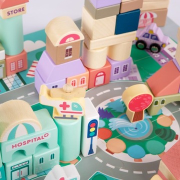 НАБОР ДЕРЕВЯННЫХ БЛОКОВ ДОРОЖНЫЕ ГОРОДСКИЕ МАШИНЫ 115 ЭЛЕМЕНТОВ КОВР-ПАЗЗЛ