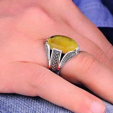 Natural Amber Silver Men's Ring, Luxurious 925 Sterling Silver,