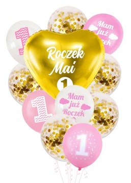 Balony zestaw ROCZEK + IMIĘ 1 urodziny dziewczynki