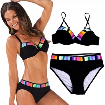 STRÓJ KĄPIELOWY DWUCZĘŚCIOWY BIKINI CZARNY KOLOROWE WSTAWKI PUSH UP S 36