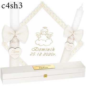 ŚWIECA NA CHRZEST + PUDEŁKO SZATKA I ŚWIECA DO CHRZTU HAFT + GRAWER - BOHO