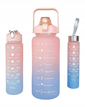 ZESTAW 3SZT BUTELKA NA WODĘ BIDON Z MIARKĄ SIŁOWNIA FITNESS 2L 750ML 300ML