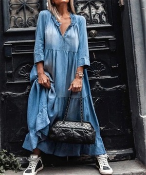Retro Denim Long Dress Women Summer Loose Three Qu