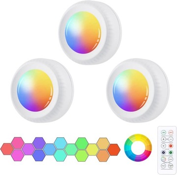 LED Spots Zasilane bateryjnie,3sztuki Oświetlenie szafki LED RGB 16 kolorów