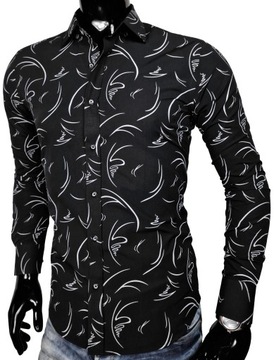 Koszula męska czarna we wzory slim fit EN566 r. L