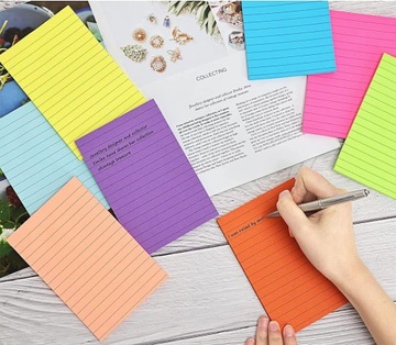 Линованные стикеры размером 100 х 150 мм, прочная самоклеящаяся бумага.