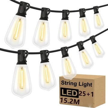 GIRLANDA OŚWIETLENIOWA LED OGRODOWA 15M BARWA CIEPŁA ST38 25LED WODOODPORNA