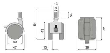 ПОВОРОТНОЕ КОЛЕСО 40 С РЕЗИНОВЫМ ПОКРЫТИЕМ, С РЕЗЬБОЙ М8 И ТОРМОЗОМ