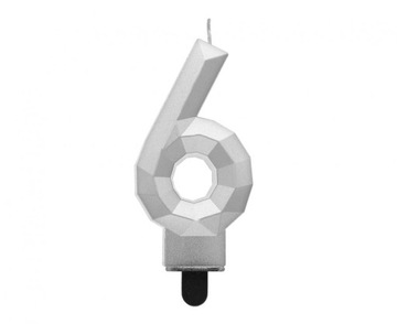 Świeczka cyferka 6 Diament Metalik Srebrny 7,6cm