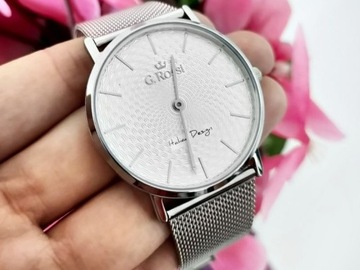 Damski zegarek na bransolecie srebrna tarcza elegancki modny na prezent