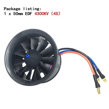 Канал 50 мм, бесщеточный двигатель 4300 кВ и ток 40 А.