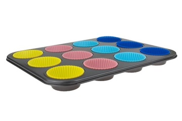 BLACHA na MUFFINKI + 12 SILIKONOWYCH FOREMEK do BABECZEK FORMA NA CIASTKA