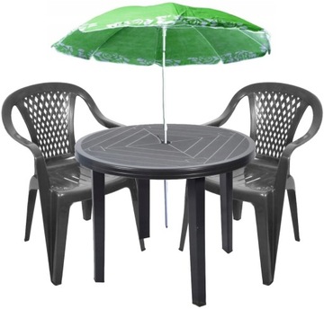 ZESTAW 2+1 PLASTIKOWY KRZESŁA STÓŁ PARASOL GRAFIT