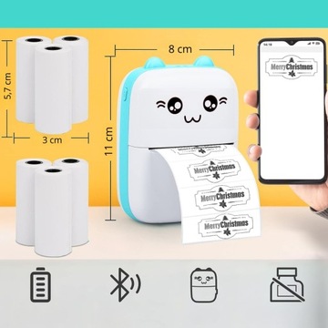 ПОРТАТИВНЫЙ ТЕРМОПРИНТЕР DRUKUŚ MINI CAT ДЛЯ ФОТОГРАФИЙ + 16 БУМАЖНЫХ РОЛИКОВ