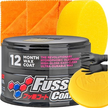 SOFT99 FUSSO Coat WAX Dark 12 MONTHS 200G TWARDY WOSK DO SAMOCHODU ZESTAW