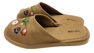 KAPCIE SKÓRZANE DAMSKIE PANTOFLE PREMIUM FOLK BABA