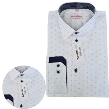 BIAŁA KOSZULA GRANATOWY WZOREK SLIM CHŁOPIĘCA DLA CHŁOPCA ELEGANCKA 152