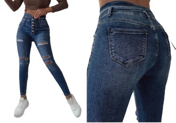 Jeansy spodnie damskie z dziurami modelujące wysoki stan na guziki XS/34