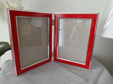 PODWÓJNA DUŻA CZERWON-SREBRNA RAMKA DREWNO 16X21