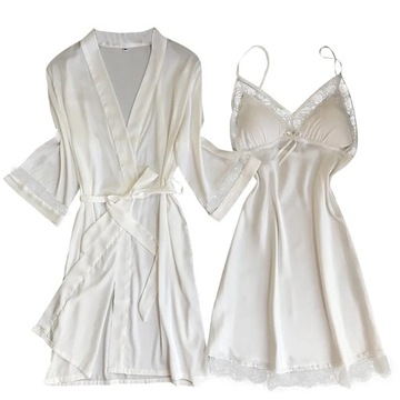 2 Piece Set Pajamas Women Silk Robe Kimono Lace Tr