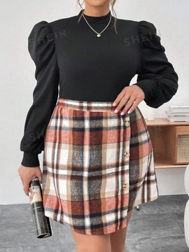 SHEIN CURVE KOMPLET DAMSKI SPÓDNICZKA MINI W KRATKĘ+CZARNA BLUZKA 3XL 771
