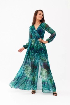 Sukienka elegancka maxi z rozcięciem długa wzorzystka szyfonowa z rękawem