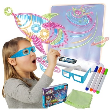 MAGICZNA TABLICA 3D LED podświetlana DO RYSOWANIA OKULARY PISAKI SZABLONY