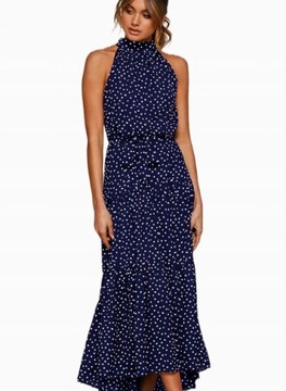 ELEGANCKA LETNIA DAMSKA SUKIENKA MAXI W KROPKI, M