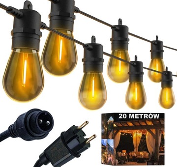 LAMPKI OGRODOWE ZEWNĘTRZNE GIRLANDA ŚWIETLNA TARAS BALKON 20M LED ŻARÓWKI