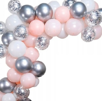 BALONY RÓŻOWE SREBRNE konfetti GIRLANDA taśma ŁUK