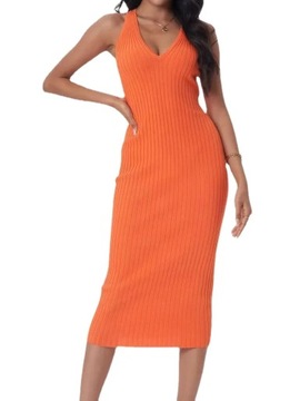 Women Sleeveless V-neck Rib Knitted Dress Stretcha