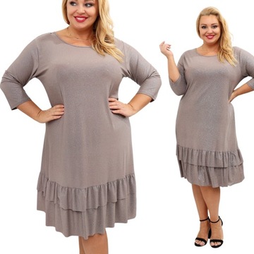 Beżowa Sukienka Koktajlowa Plus Size z falbanką r. 46/48