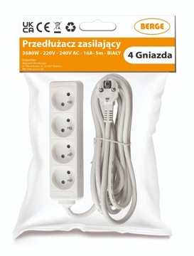 Przedłużacz Listwa Zasilająca 4 Gniazda 5m 3*1,5 mm2 16A 3680W Biały