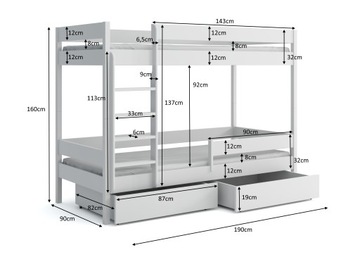 Белая деревянная двухъярусная кровать 80х180 с матрасом.