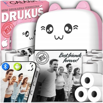 PINK DRUKUŚ Мини-термопринтер Фотографии Заметки Этикетки 11 рулонов UwU
