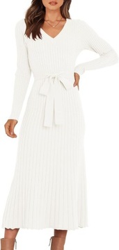 Damska sukienka sweterkowa z długim rękawem, dekoltem w kształcie litery V, wiązaniem w talii, slim fit, elegancka, L