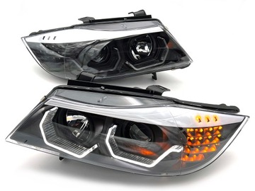 BMW 3 E90 E91 2005-2008 lampy przednie black ringi LED 3D DTM soczewki H7