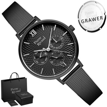 ZEGAREK DAMSKI Pierre Ricaud CZARNY MESHOWA BRANSOLETA DATOWNIK + GRAWER