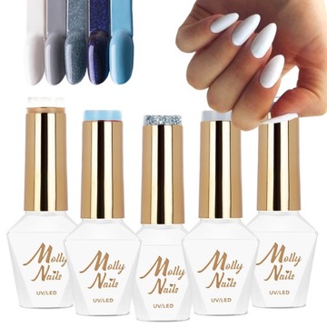 ZESTAW LAKIERÓW HYBRYDOWYCH MOLLY NAILS 5x 8g KOLORY ZIMOWE BIEL BŁĘKIT