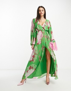 DESIGN Zielona kopertowa sukienka maxi print L