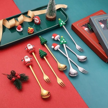 4шт Рождественская ложка Вилка Набор столовых приборов Рождественский подарок Лось Рождественская елка
