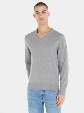 sweter meski tommy hilfiger szary w serek elegancki małe logo bawełniany